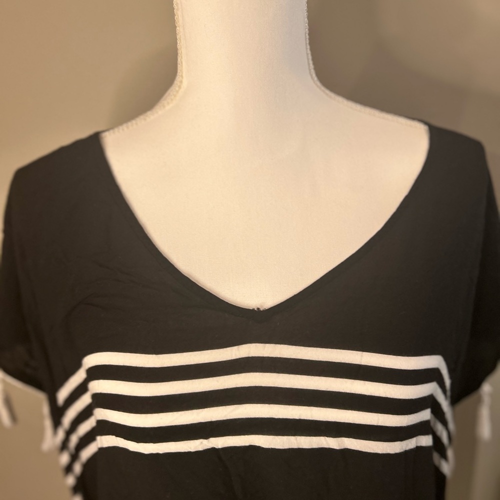 Black White Striped Kaftan Swim Cover Up Tassel Tunic Beach Resort Small - Picture 4 of 10
